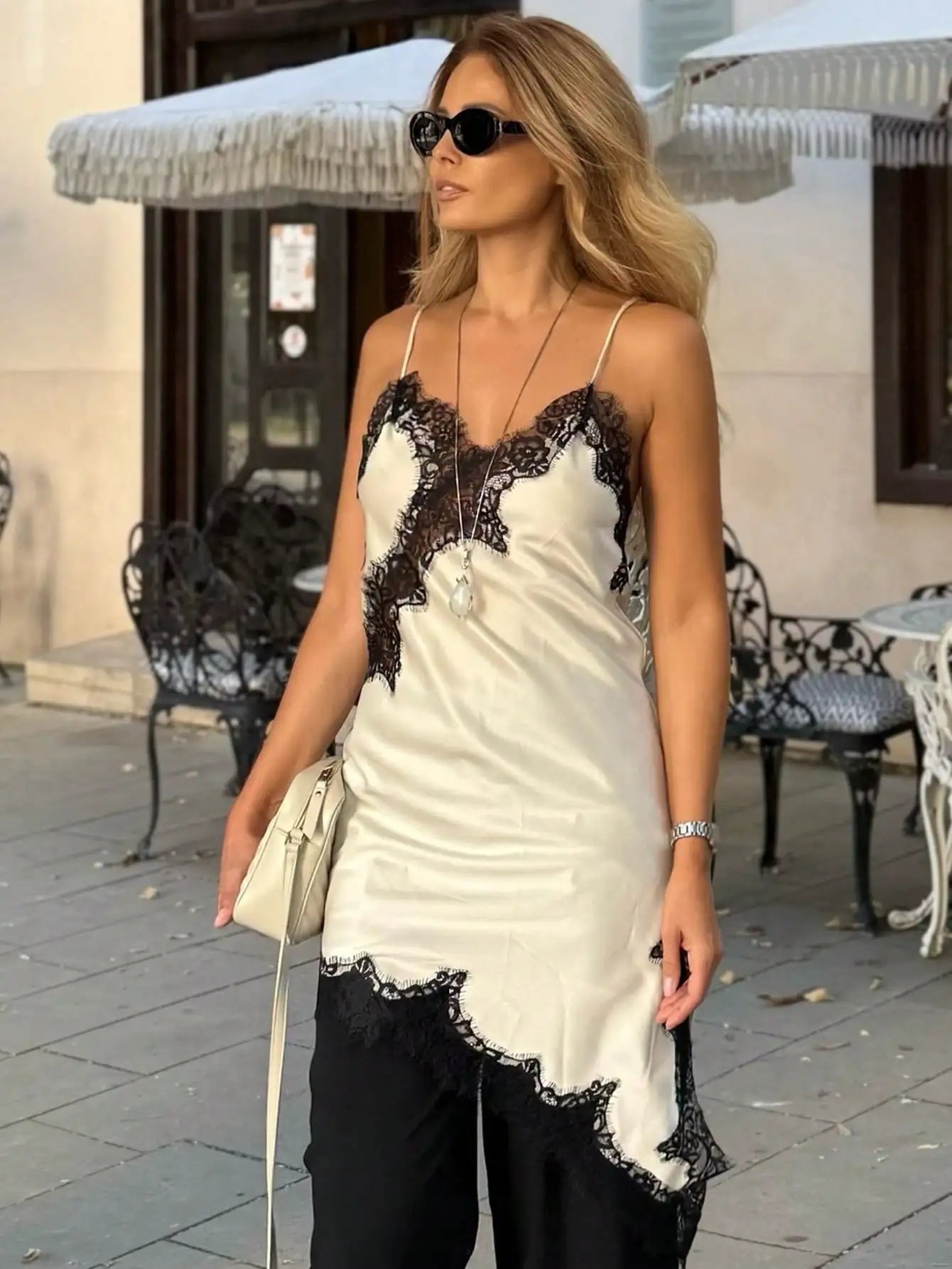 Cream Satin Lace Trim Asymmetrical Slip Dress