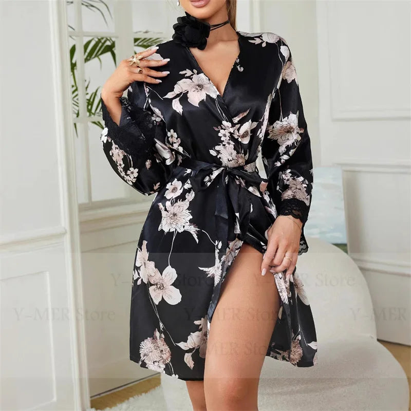 Lady Ice Silk Lace Trim Robe Pajamas