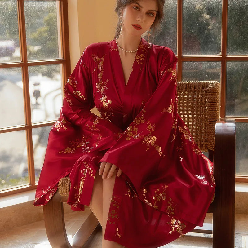 Luxury Burgundy Kimono Robe Women Wedding
