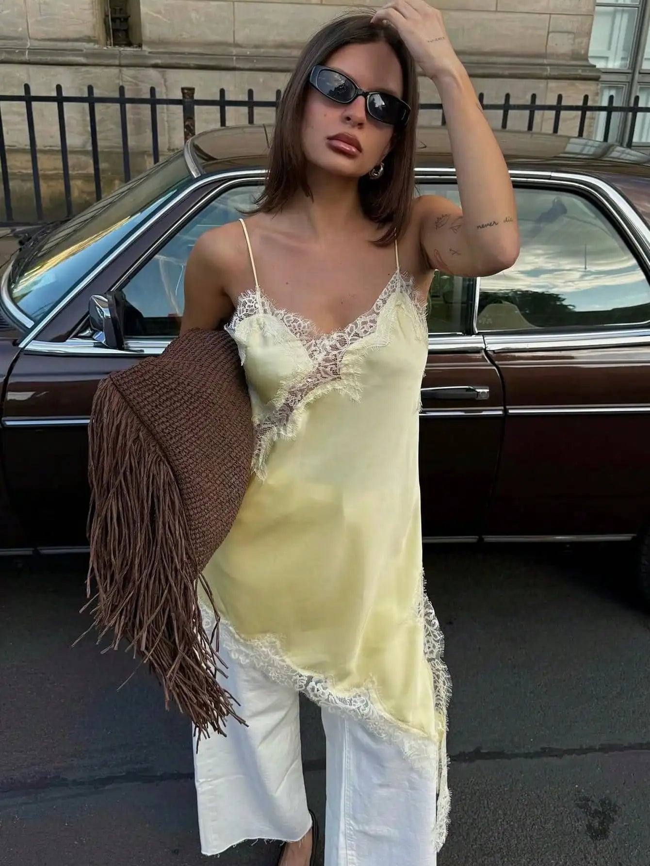 Cream Satin Lace Trim Asymmetrical Slip Dress