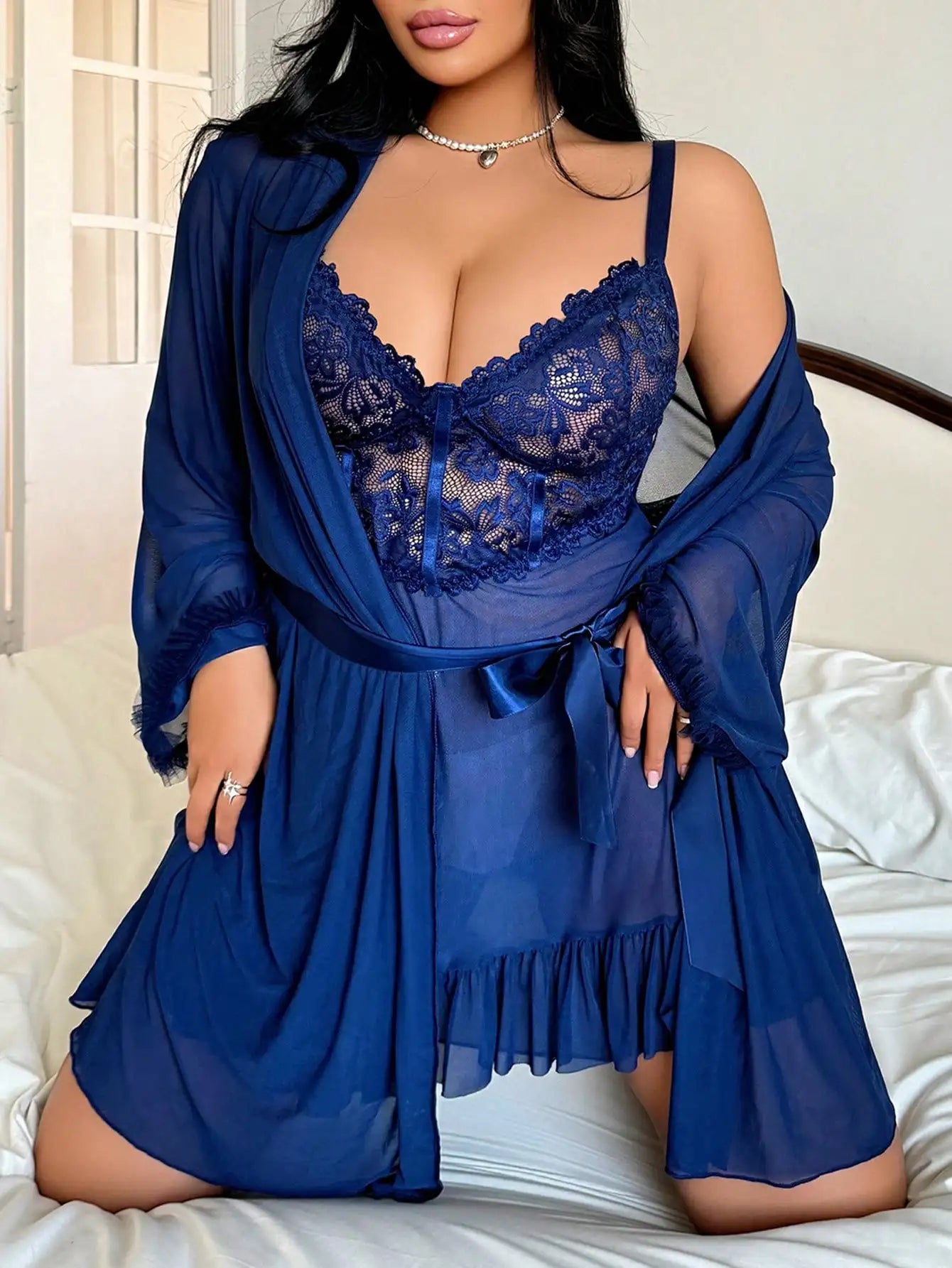 Plus Size 3-Piece Lace Lingerie Robe and Satin Belt