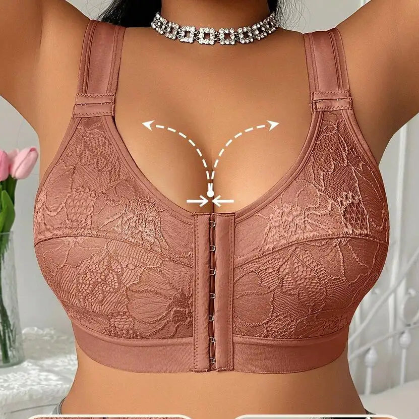 Women's Plus Size Lace Front Closure Bra Wider Shoulder Straps